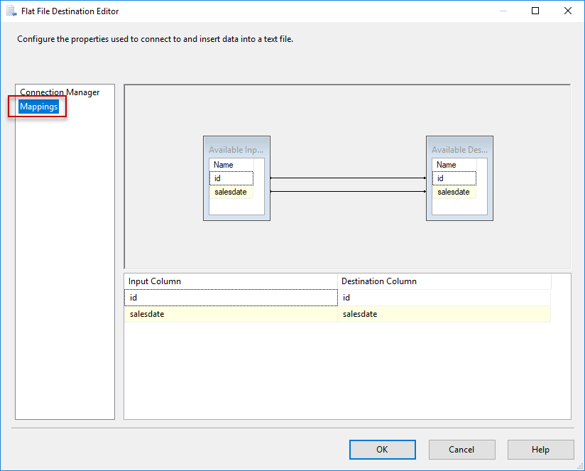 SSIS - Flat File Destination Editor - Mappings