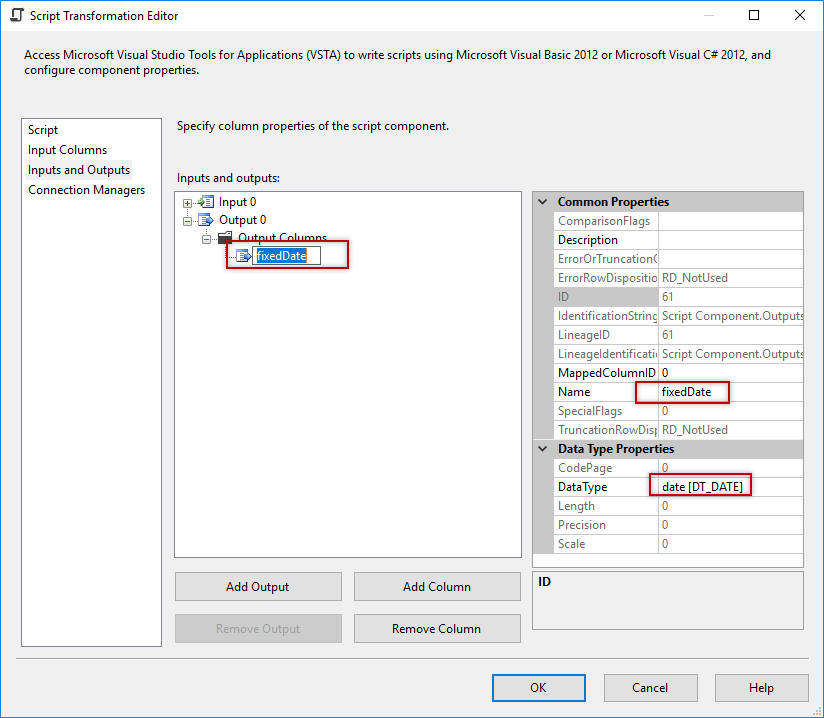 SSIS - Script Transformation Editor - Inputs and Outputs - column properties