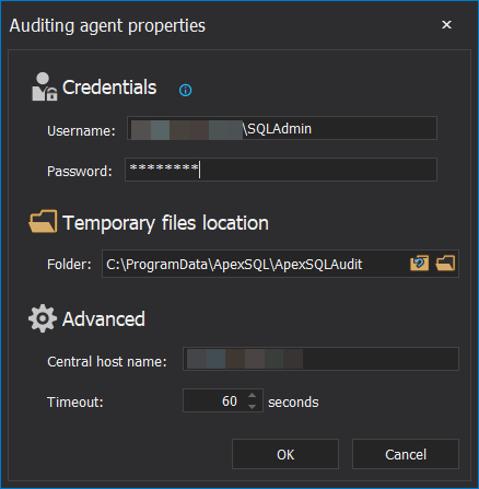 Database auditing tool - Auditing Agent Properties page