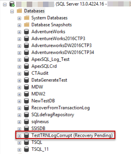 Database in Recovery Pending state as the SQL Server Transaction Log file is corrupted.