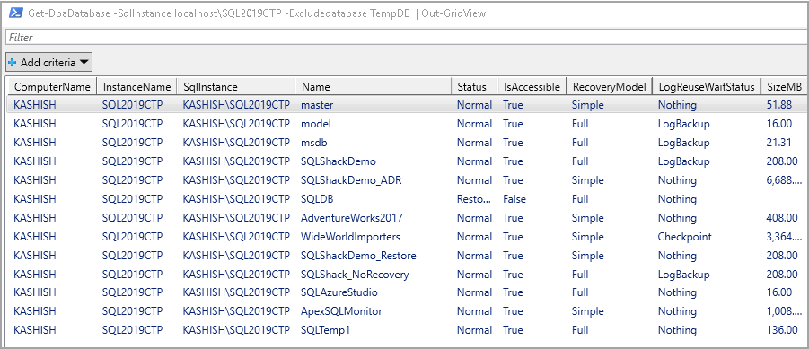 Exclude specific database in the output