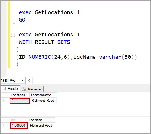 EXEC SQL example with result sets