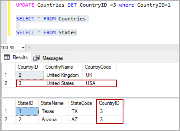 update cascade rule in SQL Server foreign key