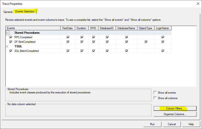 This image shows how the SQL Profiler Event Selection Tab