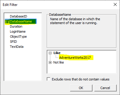 This image shows how to filter events based on database name