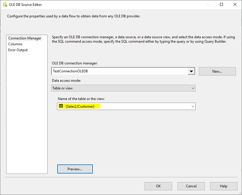 This image shows how to select a Sales.Customer as source in a SSIS OLE DB Source when using Table or View data access mode