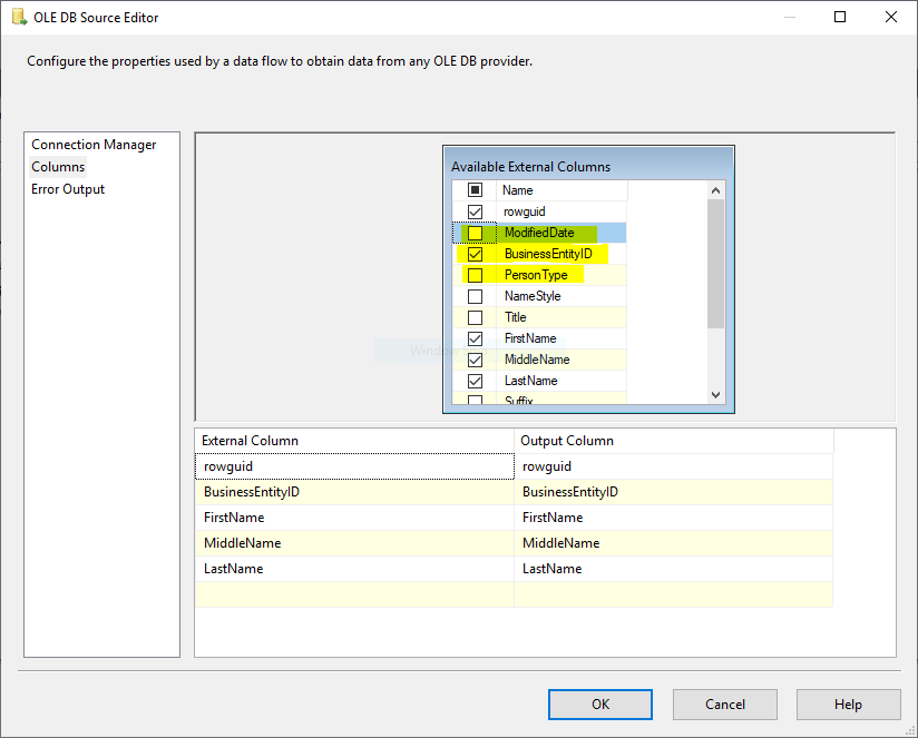 This image shows how to select specific column in SSIS OLE DB Source when using Table or View data access mode