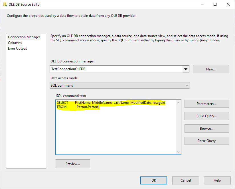 This image shows how to use an SQL Command as source in SSIS OLE DB Source