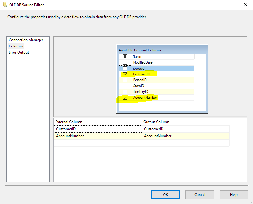 This image shows how we selected CustomerID and AccountNumber columns from the SSIS OLE DB source editor