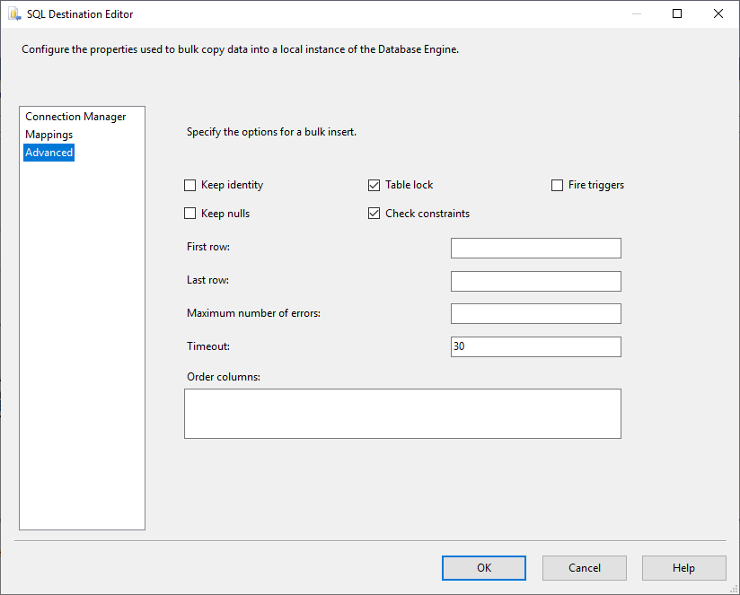 This image shows the Advanced Tab page in the SSIS SQL Server Destination editor