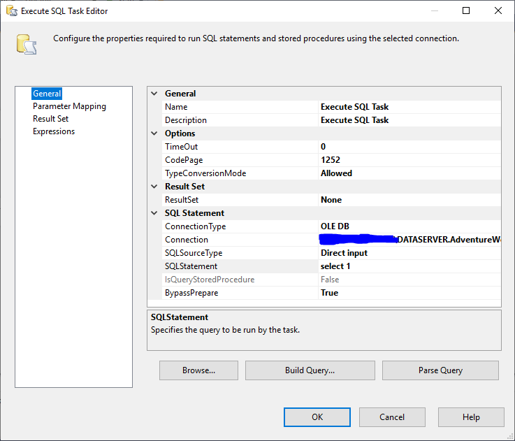 This image shows the Execute SQL Task in SSIS editor form