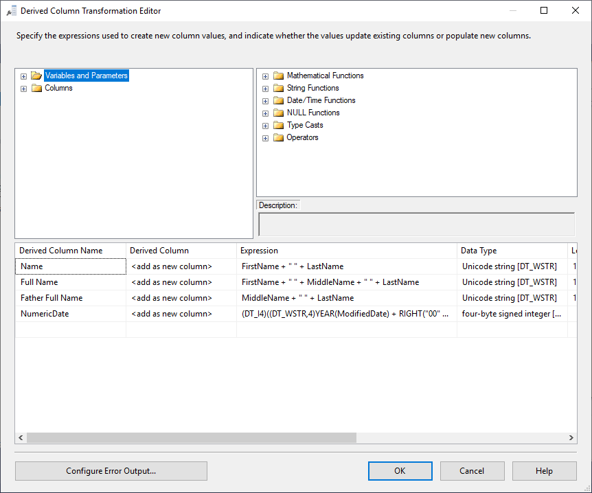 This image shows the expressions defined in the SSIS derived column editor