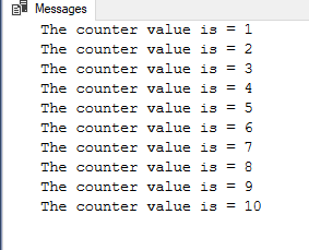 Result of the WHILE loop example in SQL Server