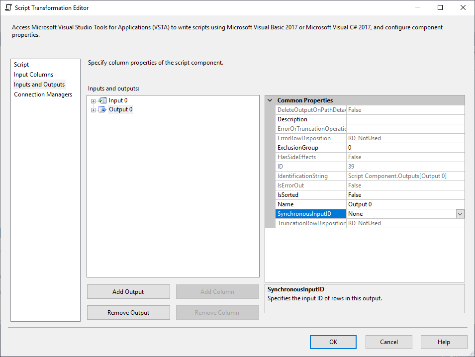 this image shows how to add a asynchronous output in the ssis script component transformation