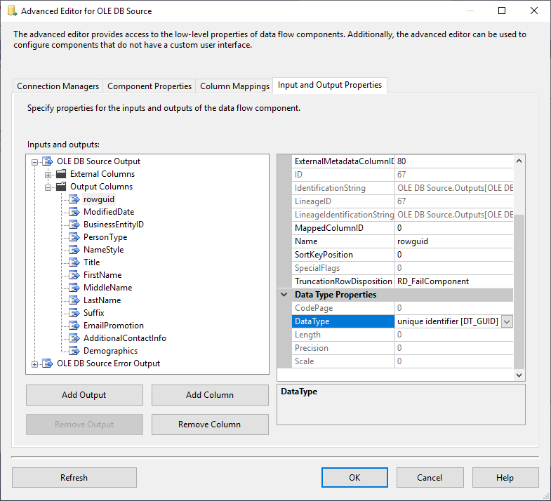 This image shows how to change the SSIS data types of the columns using the advanced editor