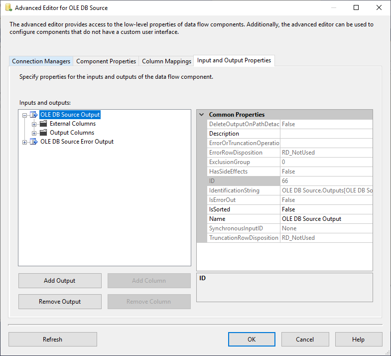 This image shows the Input and Output properties tab in the source advanced editor