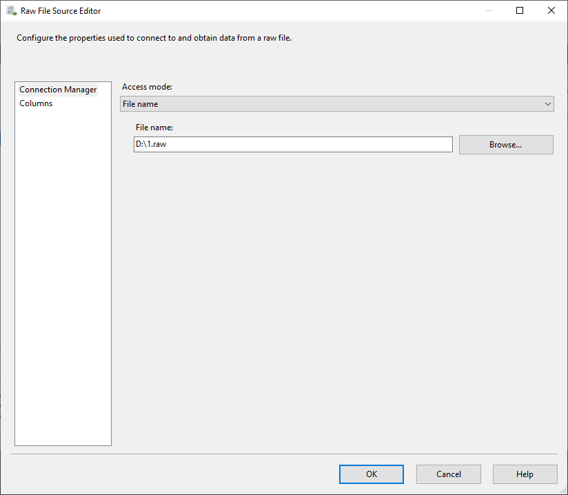 this image shows the ssis raw file source editor