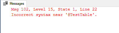 Alter statement error for table variable