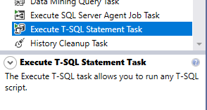 Execute T-SQL Statement task description from SSIS toolbox