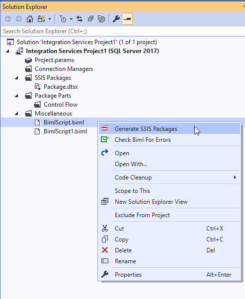 Generating SSIS package from the Biml script