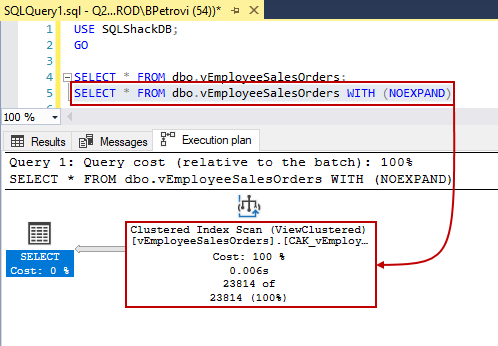 Script for selecting all records from a view with no expand option that forces SQL Server to use the index in the execution plan