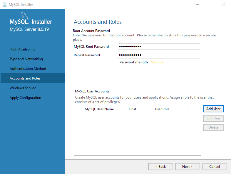 Specify root password and create a MySQL User account