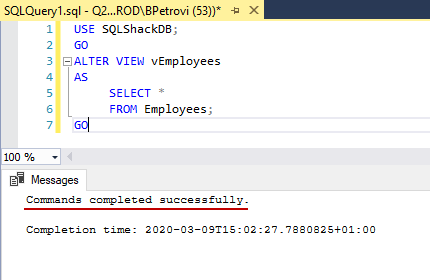 Successfully executed CREATE VIEW SQL statement for altering view's definition and adding COUNT_BIG to the select list 
