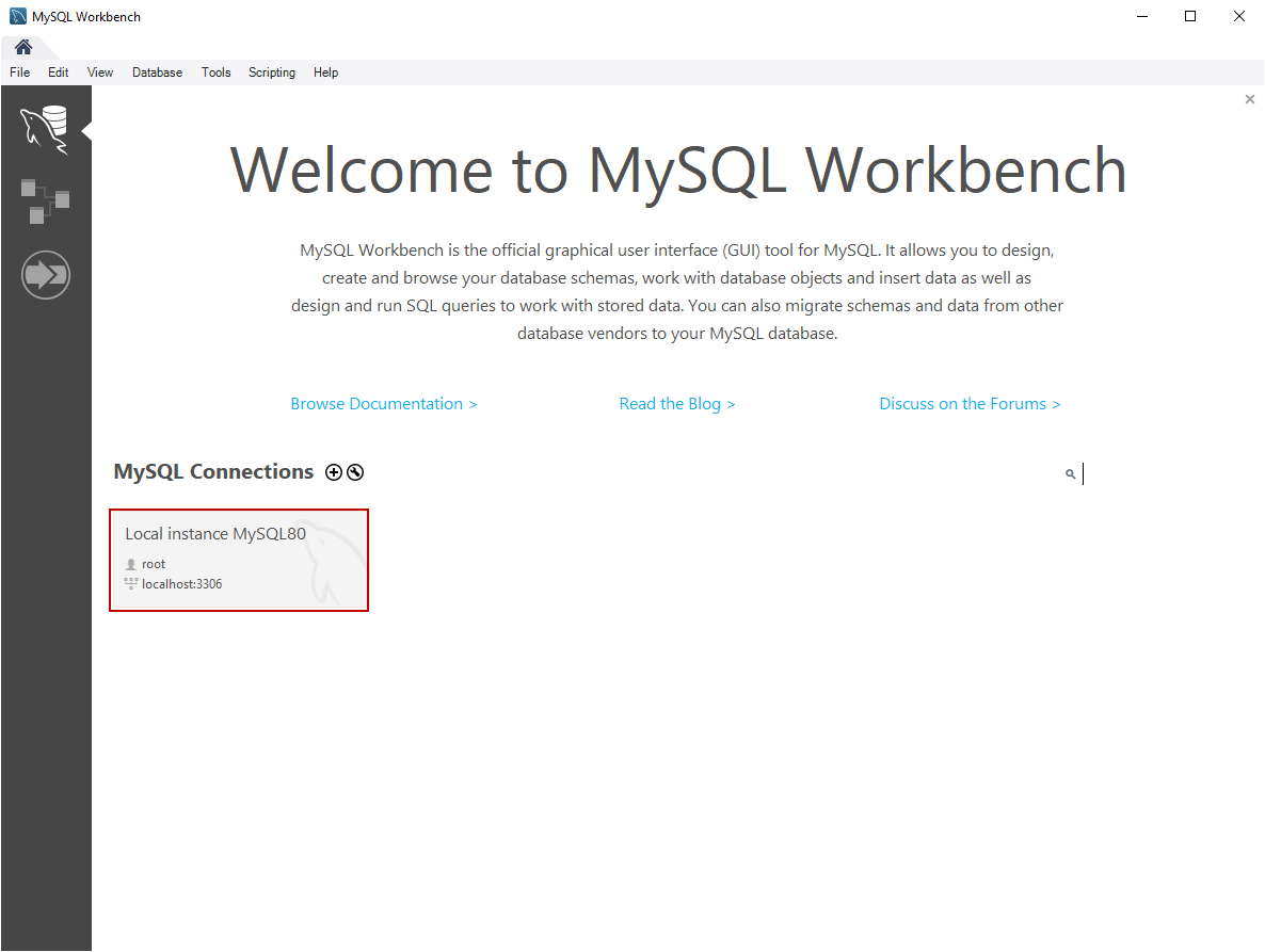 Welcome screen of MySQL Workbench