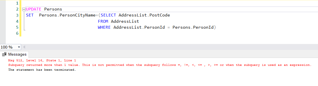 An error of the subquery in the update statement.