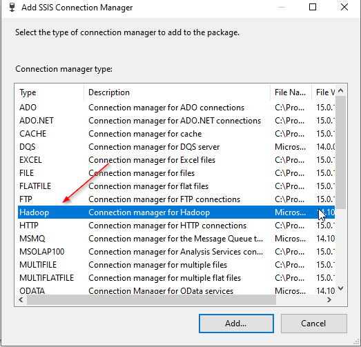 Adding a SSIS Hadoop connection manager