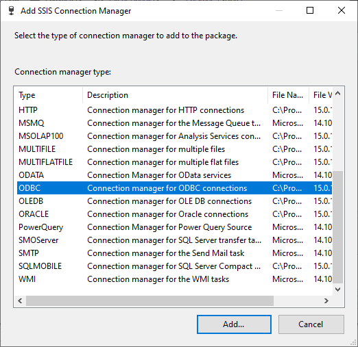 Adding ODBC connection manager