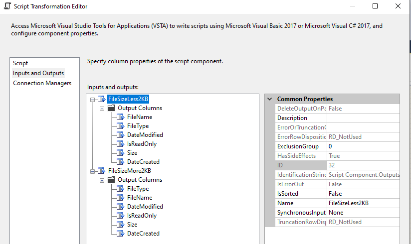 Configure multiple outputs in SSIS script component.