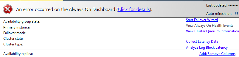 Dashboard error for SQL Server Always On Availability Groups