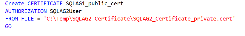 Import the public key portion of the certificate from the SQAG2 node