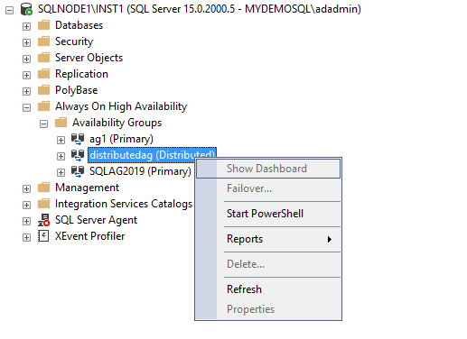 View the AG dashboard for the SQL Server Always On Availability Group