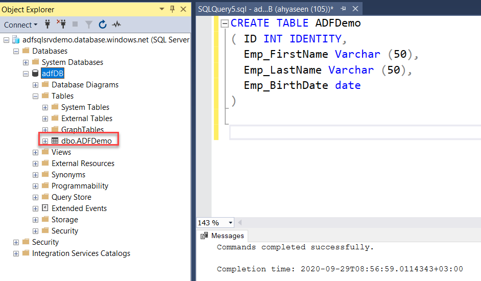 Create Azure SQL Database Table
