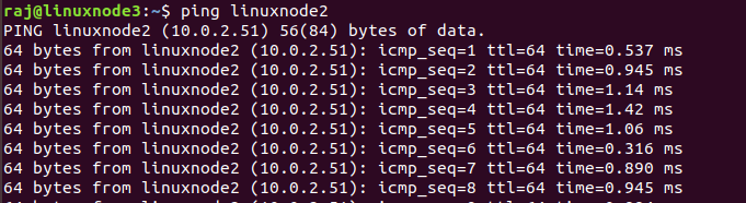 Ping response from linuxnode3 to linuxnode2