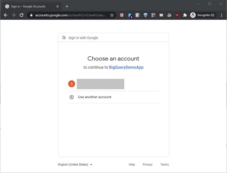 Choose an account for the OAuth authorization process that will cover the BigQuery resource.