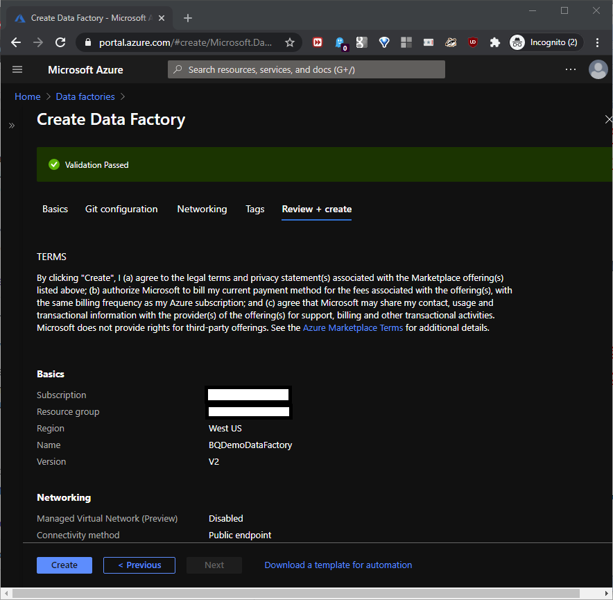 Click Create to create the data factory.