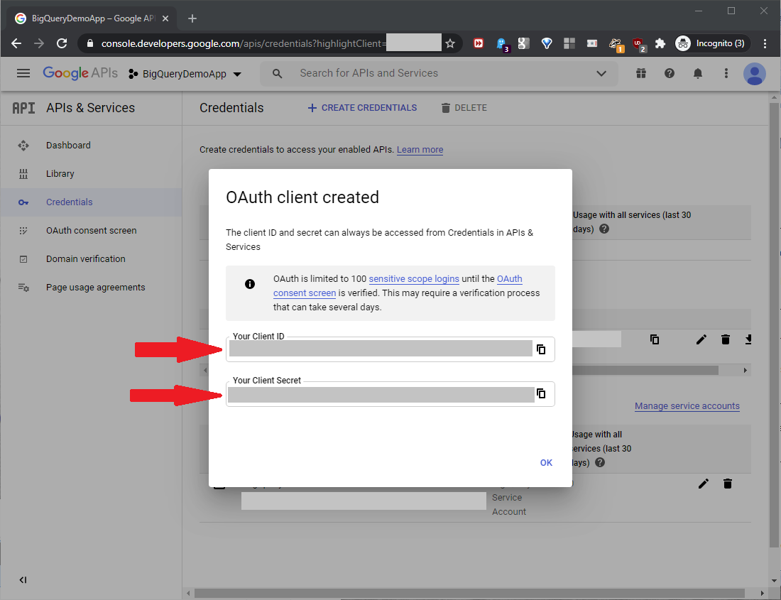 Save the generated Client ID and Client Secret values for later.
