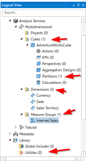 Logical view showing that SSAS OLAP cube object are recognized by BimlStudio