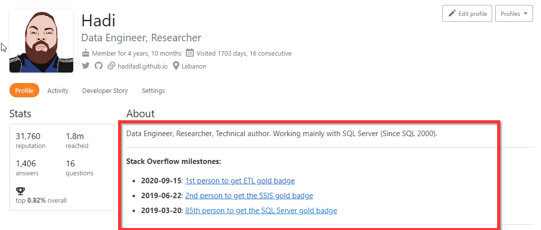 The "About me" section in the Stack Overflow user profile