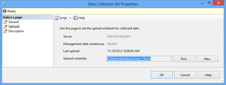 The Query Statistics data collection set properties - Uploads tab