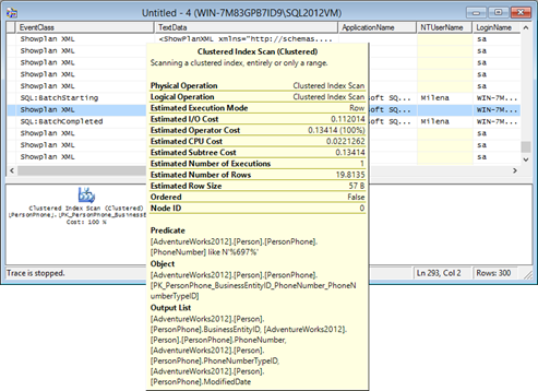 Dialog showing details for the SQL Server query plan in the tooltip that appears on mouse over