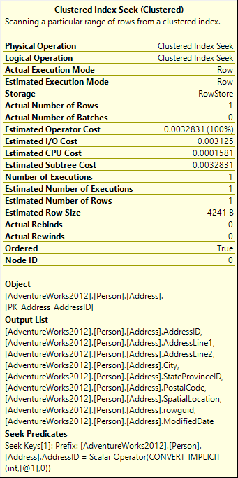 Clustered Index Seek (Clustered) tooltip