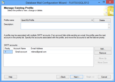 Database mail configuration wizard - manage an existing profile dialog