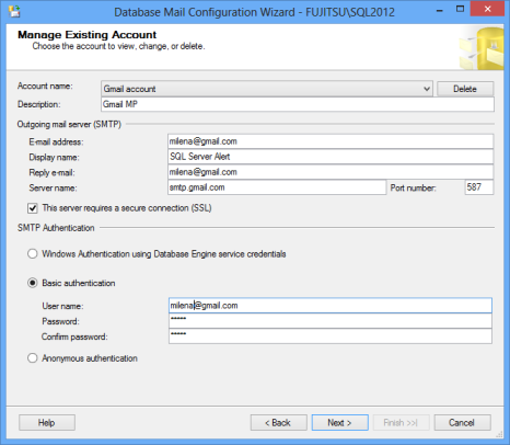 Database mail configuration wizard - manage an existing account dialog