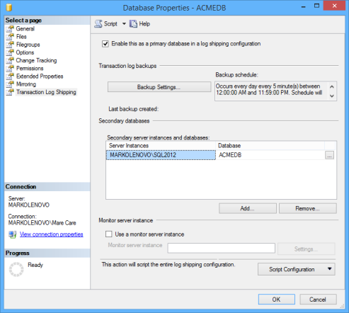 SQL Server log shipping is ready for use