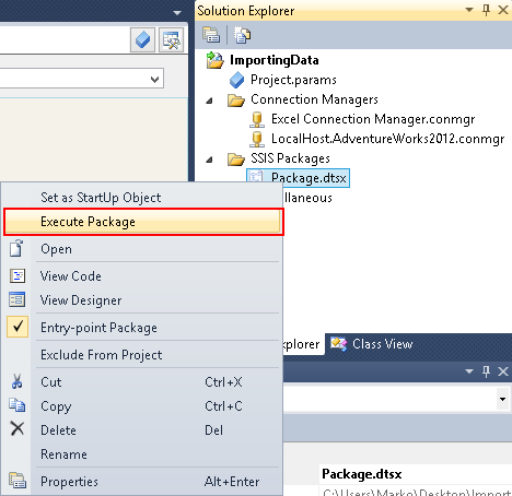 Choosing the Execute SSIS package option from the Solution Explorer