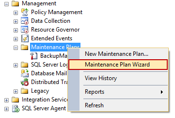 Selecting the Maintenance Plan Wizard option from the context menu of the Maintenance Plans folder